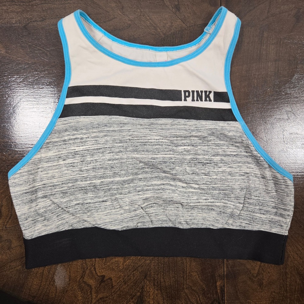 Victoria's Secret PINK Gray White Blue Crop Top Bra Women Racerback Striped Logo
